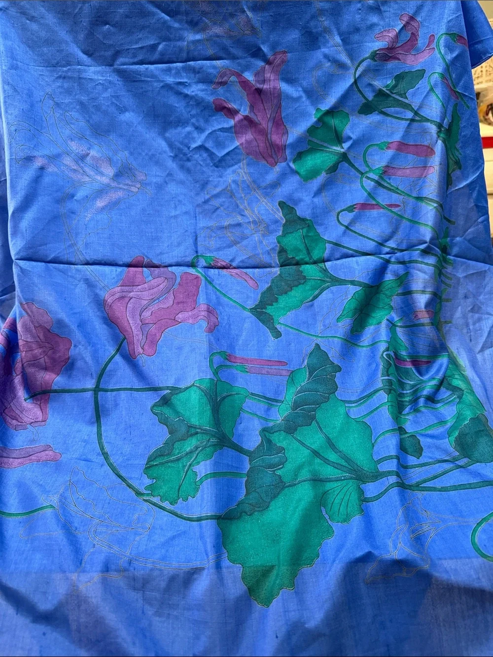 Vibrant Blue Floral Silk Scarf block printed stunning 35” by 36”